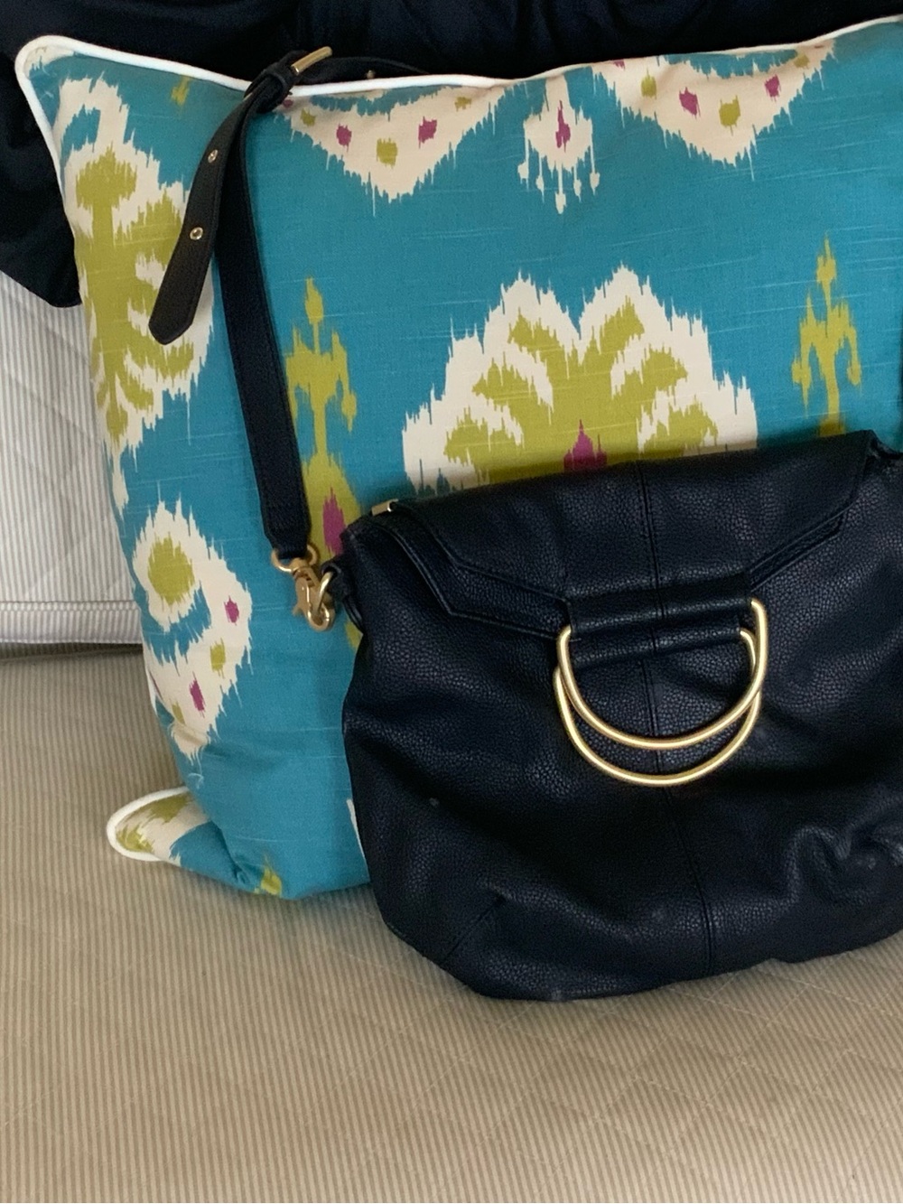 Black Leather Shoulder Bag with Gold Double-Ring Detail